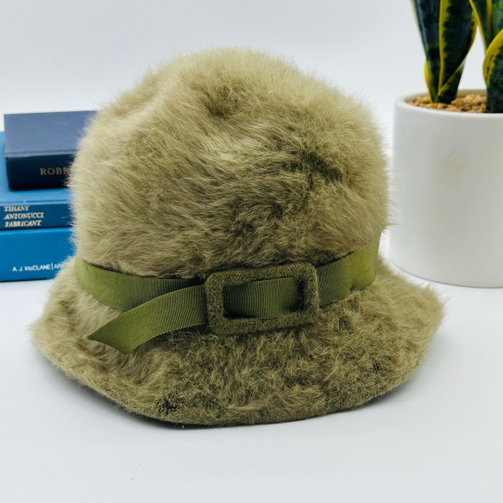 Kangol England Vintage Fuzzy Bucket Hat Olive Green Grosgrain Ribbon Buckle